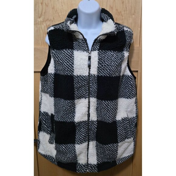 Black & White Buffalo Check Sherpa Fleece Vest Zip Front soft warm cottagecore - Picture 1 of 6